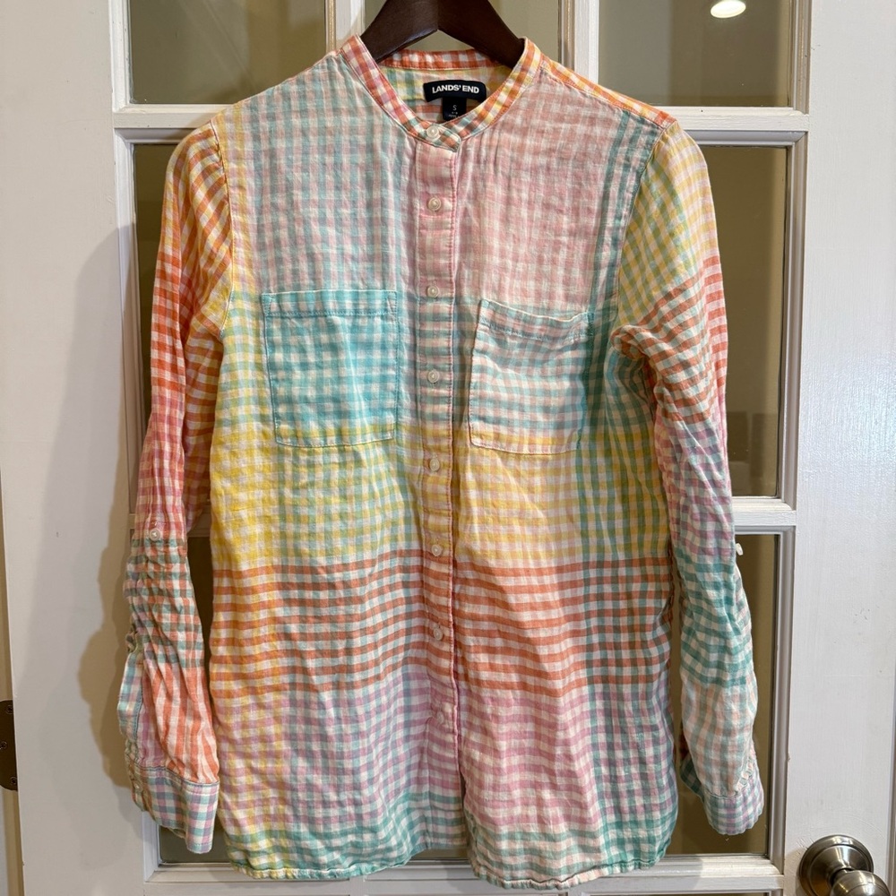 Land's End Pastel Gingham Linen Shirt Patchwork Button Up Sleeve Size Small